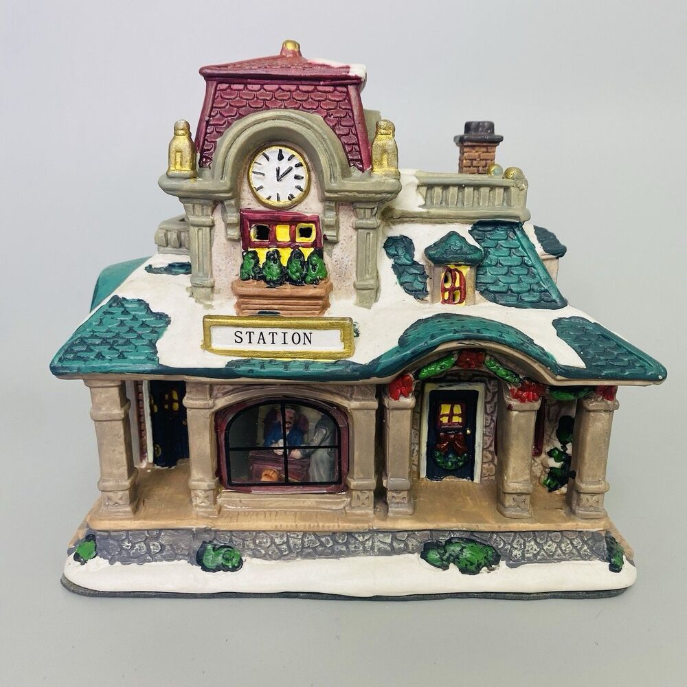 Christmas Village Train Station House Light Up Building Snow Holiday Decor